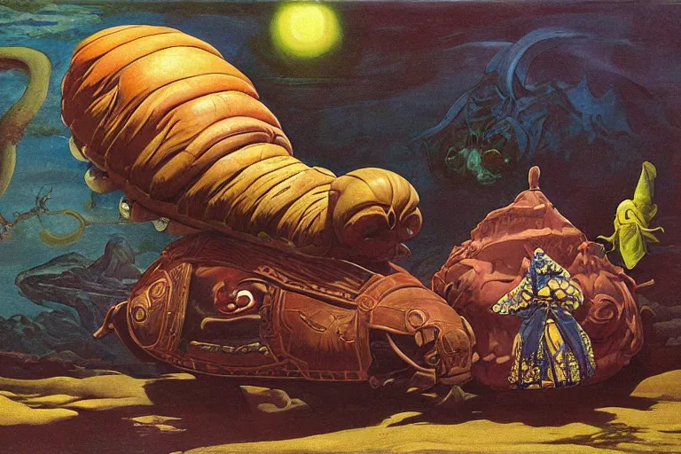 Image similar to a palanquin on top of a giant tardigrade retro japanese monster slimy leather, extra wide, oil painting, 7 0 s vintage art, by georgia o keeffe, by gustave dore, by frank frazetta, nausicaa