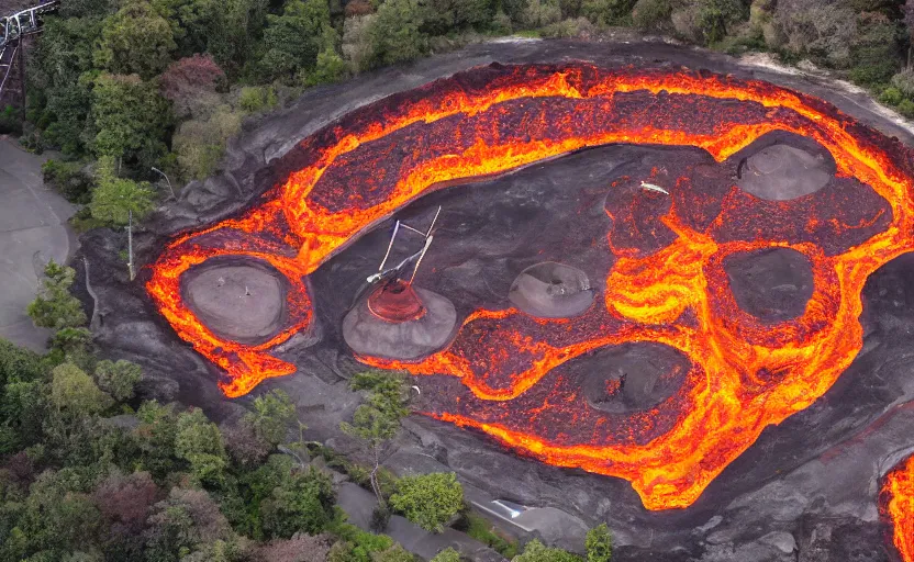 Prompt: a skatepark surrounded by molten lava, aerial photo