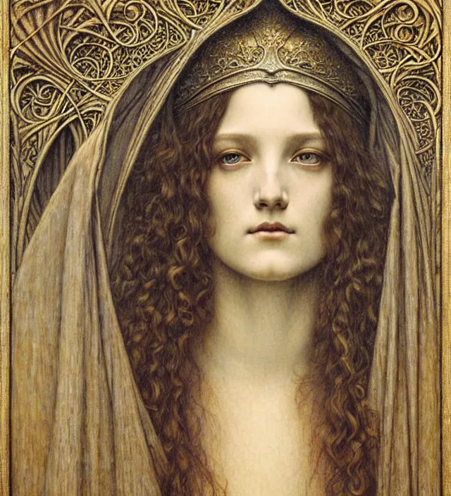 Image similar to detailed realistic beautiful young medieval queen face portrait by jean delville, gustave dore and marco mazzoni, art nouveau, symbolist, visionary, gothic, pre - raphaelite. horizontal symmetry