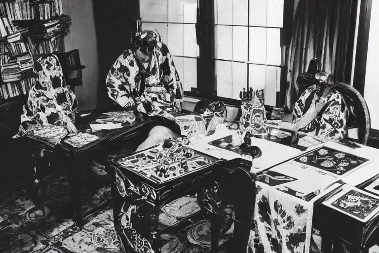 Prompt: vintage b&w photograph of a cyberpunk hermetic esoteric play and games scholar floral patterned robes in his study with holographic contraptions, board games, crt monitors