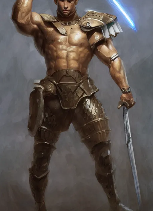 Image similar to a professional painting of a muscular young male, clothed in military armor, olive skin, long dark hair, beautiful bone structure, well defined physique, symmetrical facial features, intricate, elegant, digital painting, concept art, smooth, sharp focus, illustration, from Knights of the Old Republic, by Ruan Jia and Mandy Jurgens and Artgerm and William-Adolphe Bouguerea