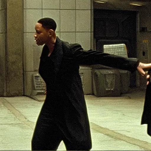 Image similar to film still of Will Smith as Neo in The Matrix, fight scene with agent smith in subway