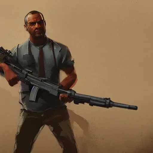 Image similar to franklin from gta v holding a huge machine gun by greg rutkowski