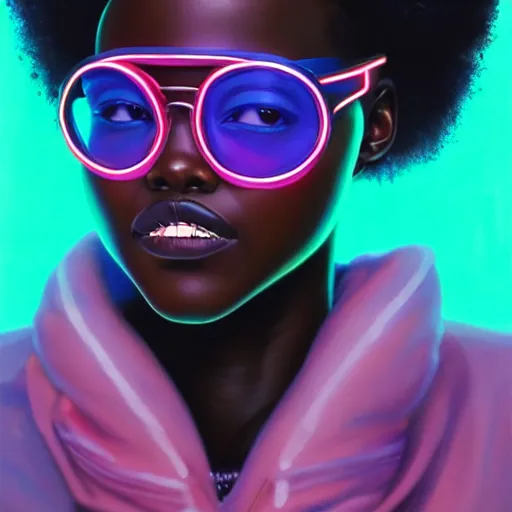 Image similar to Lupita Nyongo wearing opaque reflective goggles profile picture by Greg Rutkowski, brown skin, long afro hair, asymmetrical, futuristic, neon volumetric lights, cool colors, streetwear, studio ghibli, Organic Painting , Matte Painting, geometric shapes, hard edges, street art, trending on the artstation, fantasy LUT, realistic by Sachin Teng + Martin Grip + Moebius, techwear, Industrial Scifi, detailed illustration, character portrait,