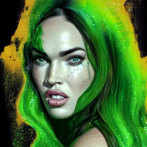 Image similar to megan fox closeup of face dripping green goo. hyperrealistic portrait, photo realistic, poster, artstation, volumetric lighting, digital art, very detailed face by magali villeneuve