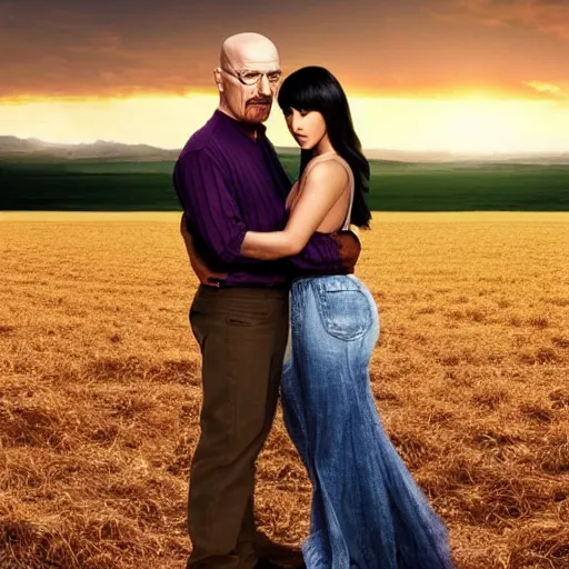 Image similar to walter white hugging kim kardashian, in a farm field, sunset