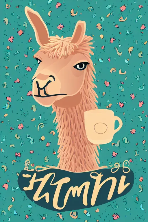 Image similar to Portrait of cute llama drinking tea, full body, sticker, andromorphic, colorful, illustration, highly detailed, simple, smooth and clean vector curves, no jagged lines, vector art, smooth