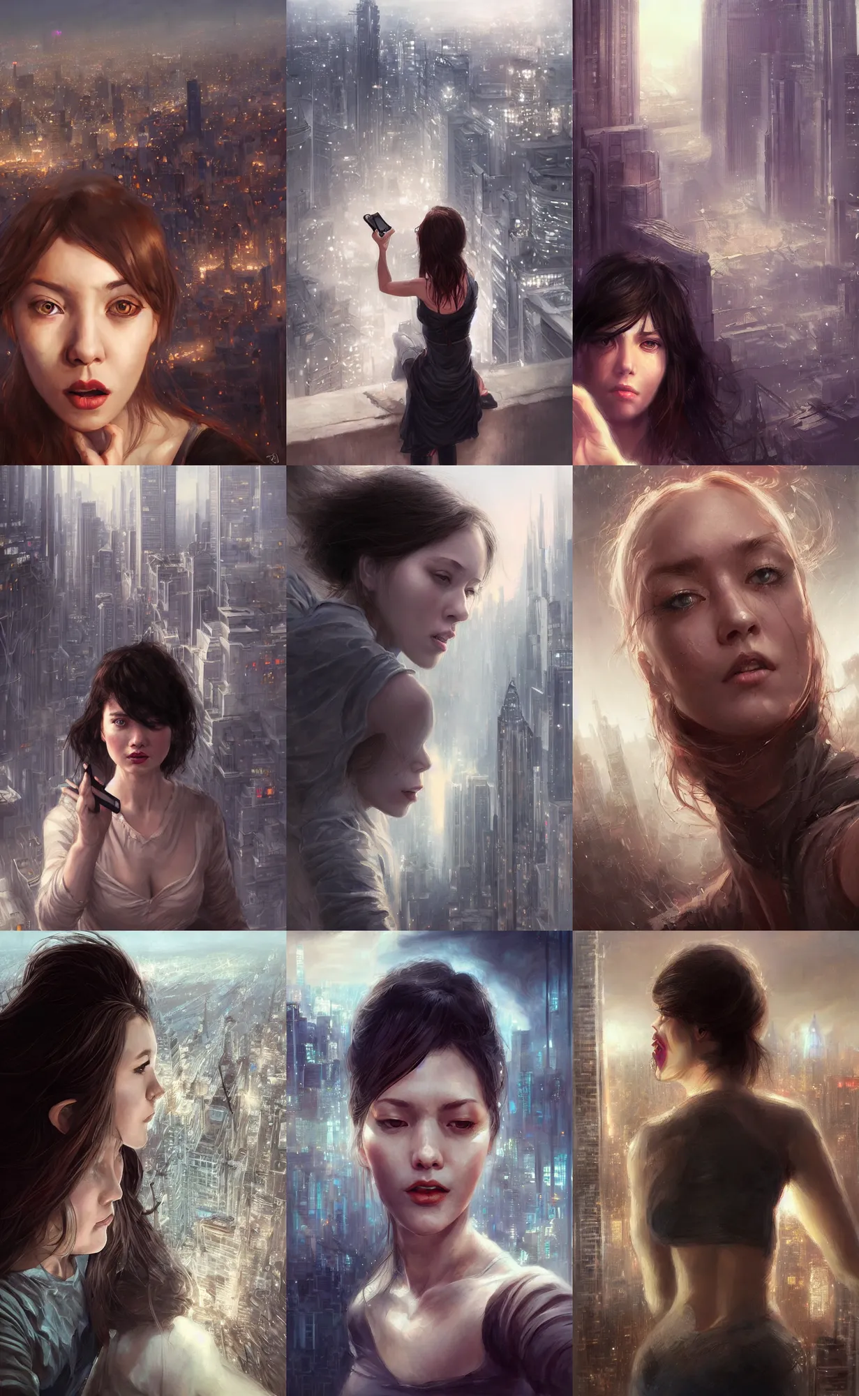 Prompt: woman taking dangerous selfie her eyes wide with fear her lips parted about to scream, background is view looking down at a city, digital painting, intricately detailed, highly detailed, artwork by greg rutkowski, artwork by ross tran, artwork by randy vargas, artwork by artgerm, artwork by alex garner, trending on artstation