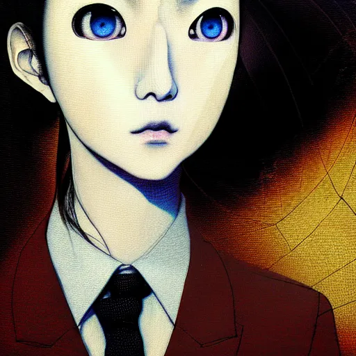 Image similar to yoshitaka amano blurred and dreamy realistic three quarter angle portrait of a young woman with short hair and black eyes wearing office suit with tie, junji ito abstract patterns in the background, satoshi kon anime, noisy film grain effect, highly detailed, renaissance oil painting, weird portrait angle, blurred lost edges