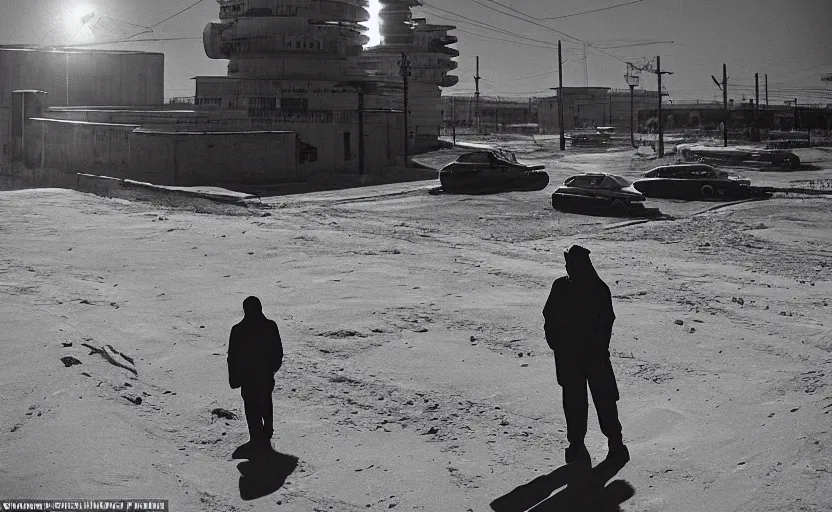 Image similar to On a parking lot in a futuristic space city of Neo Norilsk on the Moon, a Mysterious man is standing in the middle of a street photo by Trent Parke, the sun is blinding, a Russian city on the Moon