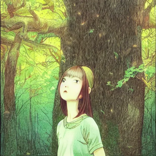 Prompt: detailed cute girl in a forest, style from asano inio, detailed face