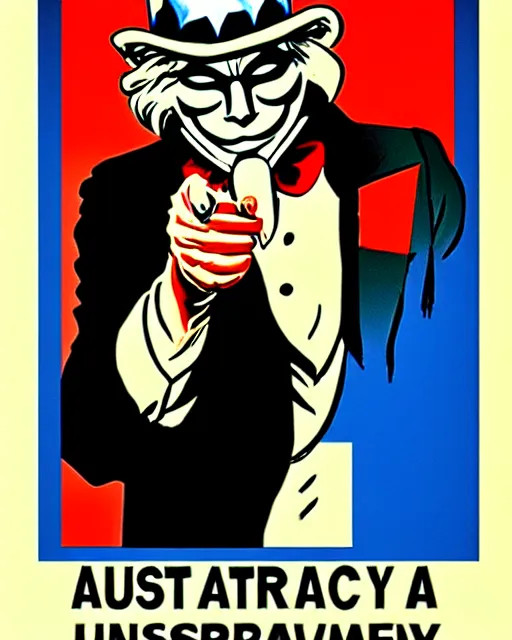 Prompt: anonymous as uncle sam in the style of australian communist propaganda poster art in the year 1 9 8 7, ultra realistic concept art intricate detail