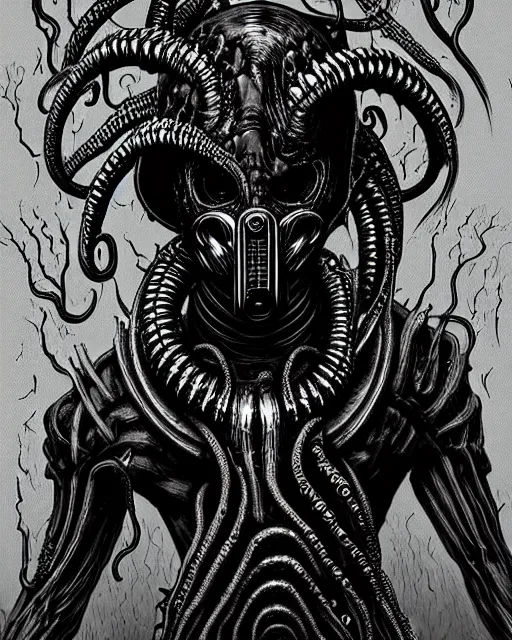 Image similar to Dark scary atomospheric detailed Outsider cyberpunk demon with scaly Tentacles from the Netherealm wearing a gas mask by HR Giger