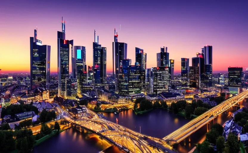 Image similar to frankfurt skyline at sunset, highly detailed, 8 k