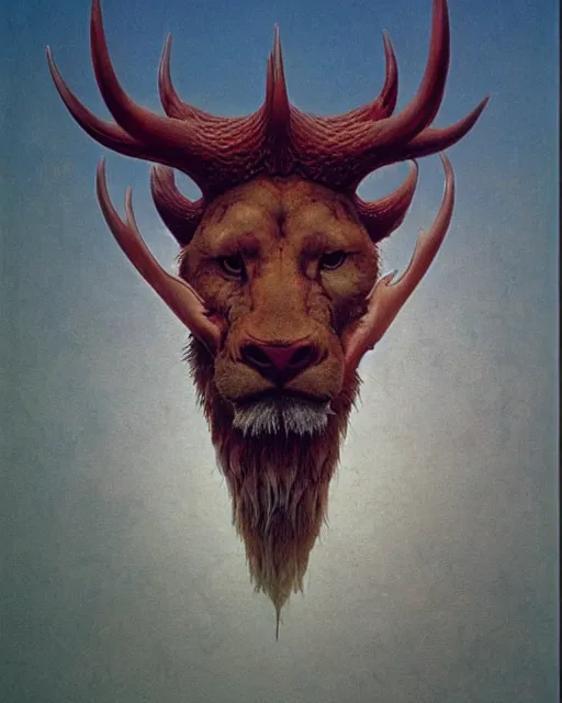 Image similar to a creature with the body and eyes of a man, with the beak of an eagle, the mane of a lion, and the antlers of a bull. drawn by moebius and zdzislaw beksinski