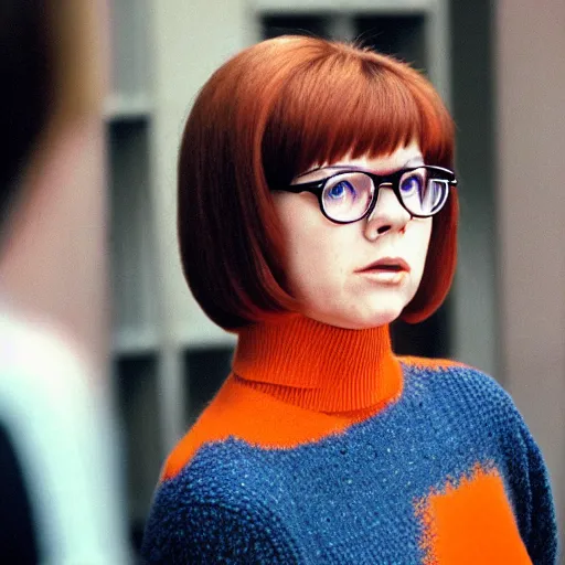 Image similar to Stunning Real Life Scene of Velma Dinkley wearing her iconic orange sweater from Scooby Doo in court for falsely accusing someone of being a criminal by Greg Rutkowski. She has beautiful eyes, Velma is a teenage female, with chin-length auburn hair and freckles. She is somewhat obscured by her fashion choices, wearing a baggy, thick turtlenecked orange sweater, with a red skirt, knee length orange socks and black Mary Jane shoes. Soft render, Pixiv, artstation