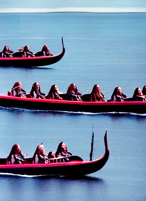 Image similar to photo of viking women in speed boats invading scottland, hyperrealism, fujifilm velvia 5 0