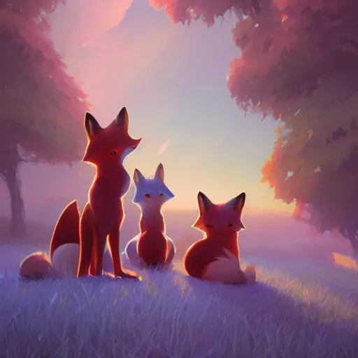 Image similar to painted portrait of a family of foxes, fantastically pastel colors, octane render, matte painting concept art, official fanart behance hd artstation by jesper elsing, by rhads and makoto shinkai and lois van baarle and ilya kuvshinov and rossdraws