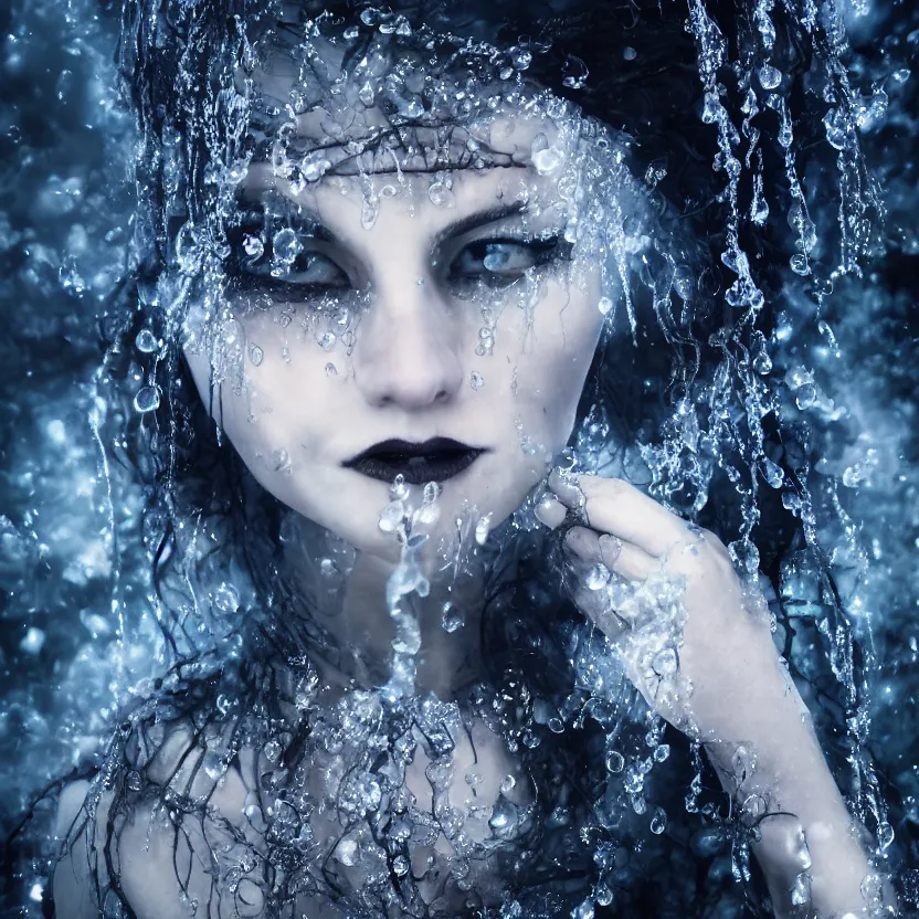 Prompt: A portrait of a Gothic goddess of water jewels in an empty land, dark and mysterious, lively atmospheric, cinematic, 8k, 4k, ultra detail, ultra-realistic, rendered by DeviantArt