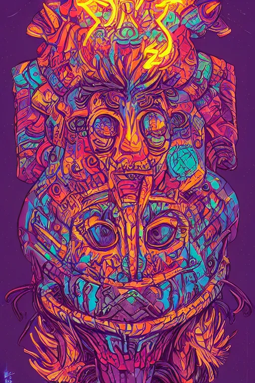 Image similar to totem animal tribal chaman vodoo mask feather gemstone plant wood rock video game illustration vivid color borderlands by josan gonzales and dan mumford radiating a glowing aura