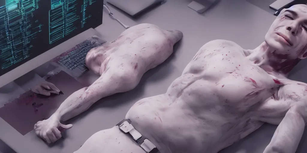 Prompt: realistic cinematic views of corpses as business professionals plugging their skin into a computer, hyper detailed, hyper realistic, digital painting, 8k, 35mm film grain, octane render