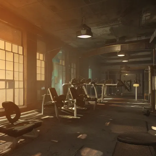 Image similar to fallout concept art gym interior render grim realistic lighting unreal engine 5