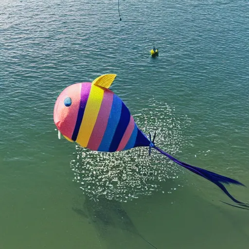 Image similar to a fish floating away from the sea tied to a ballon