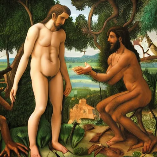 Image similar to god, contemplating adam and eve's future, in the garden of eden - photo - realistic