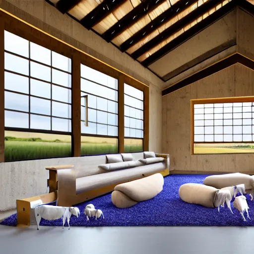 Image similar to interior view of modern futuristic farm barn architecture and interior design showing cows laying down on sofas and pigs and chickens sitting in lounge chairs, wall art, throw pillows, areas rugs, feed troughs, hay, detailed luminescent oil painting 4 k