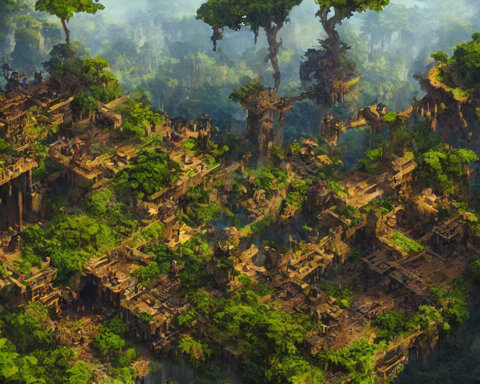 Image similar to craig mullins illustration of the beastlands, isometric, made with voxels, avatar ( 2 0 0 9 ), lush landscape, jungle landscape