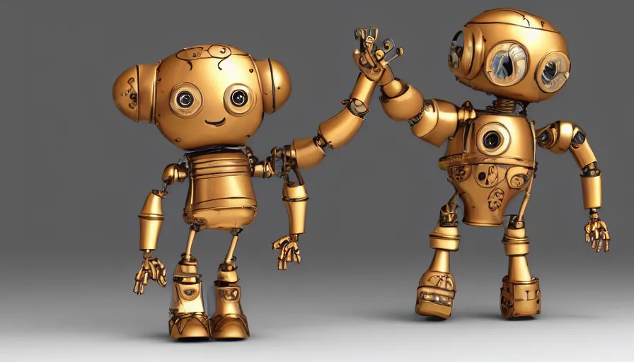 Image similar to a cute steampunk robot with human skin smiling and waving, isolated on white background, 3D occlusion