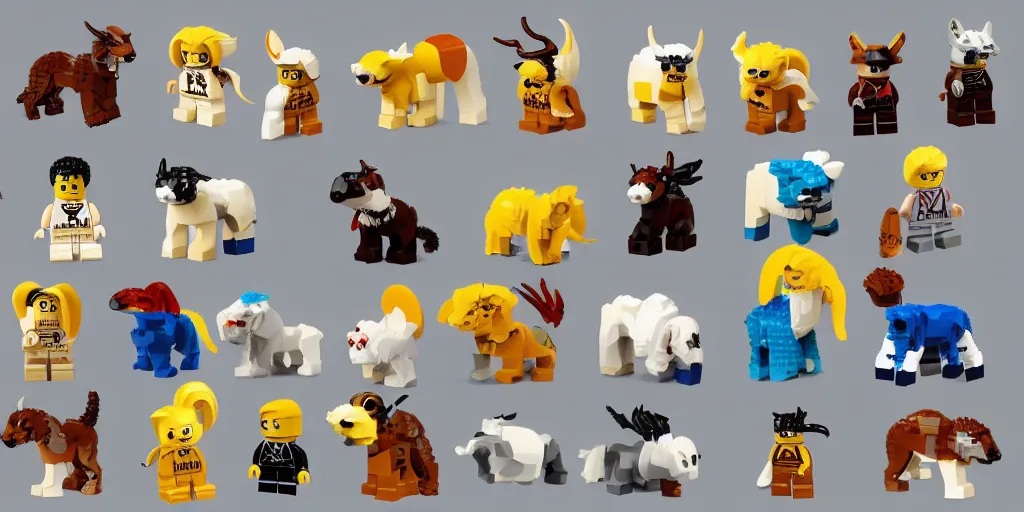 Image similar to small animals made of two or three lego bricks, four legged, quadrupedal, cute looking, kawaii, sharp focus, character sheet, game concept art, blocky, lego mixels