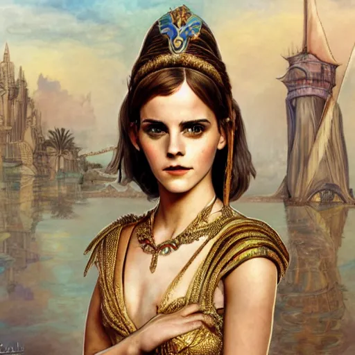 Prompt: Emma Watson as Cleopatra, cute, fantasy, intricate, elegant, highly detailed, digital painting, 4k, HDR, concept art, smooth, sharp focus, illustration, art by artgerm and H R Giger and alphonse mucha