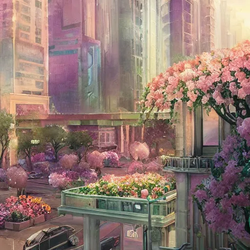 Prompt: a painting of an art - deco cityscape surrounded by flowers, a watercolor and matte painting by magali villenueve and mandy jurgens and charlie bowater, cgsociety, artdeco, utopia art, sci - fi, artstation hq