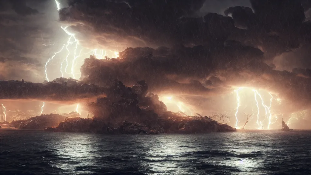 Image similar to the colossus of rhodes breaking apart during a thunderstorm ,Wadim Kashin, behance, 8k featured in artstation, octane render, cinematic, elegant