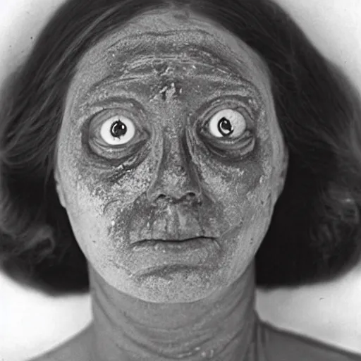 Prompt: medical photograph of a woman infected with a disease that turns her body into clay