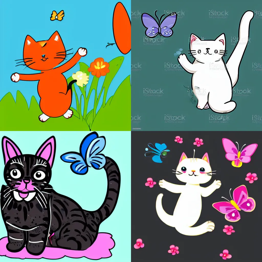 Prompt: A cute cat jumping up to catch a butterfly, vector clip-art, white background