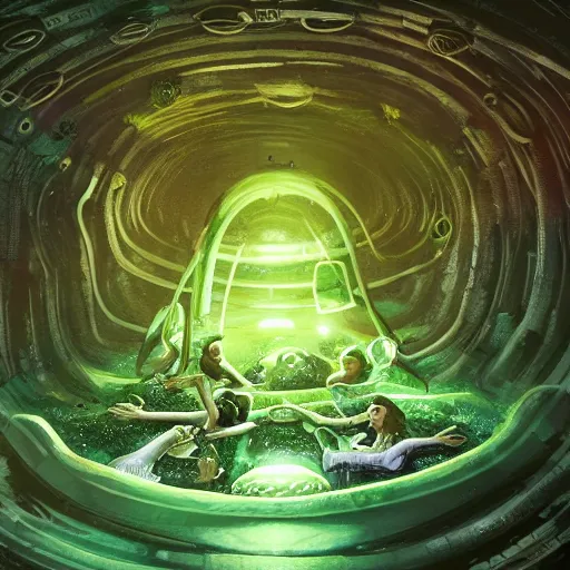 Prompt: a crew of space explorers enter inside a alien nest full of hatching eggs, dark cave, green bioluminescent light, futuristic, realistic, highly detailed, real picture