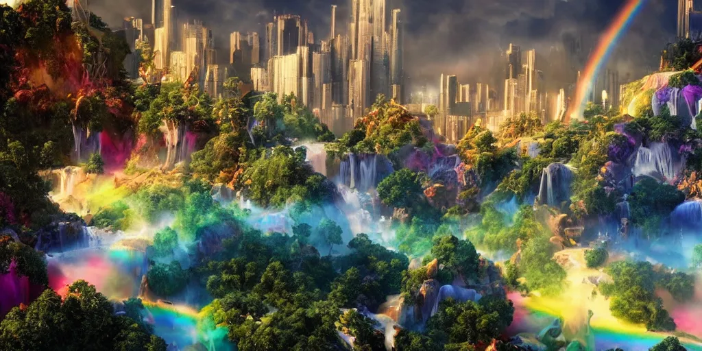 Image similar to a octane render of a landscape with a epic city and aquamarine coloured gras beautiful trees made from gold and rainbow liquid waterfalls and marvel hell riders with rainbow flames as citizen hollywood style, by waya steurbaut entertainment, dark, intricate, highly detailed, smooth, artstation, high resolution film render 100k, photo realistic style, epic, colourful, close up shot, 3D