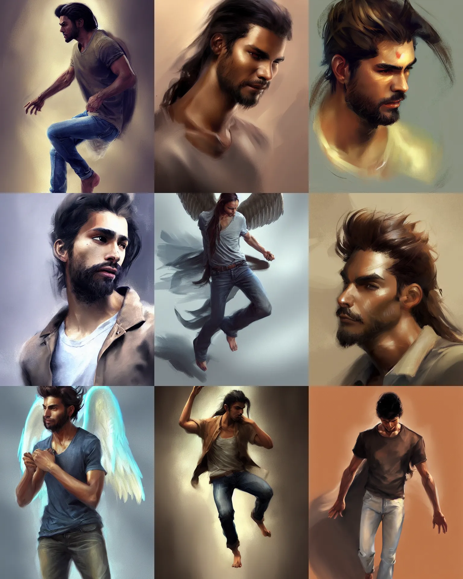 Prompt: handsome male angel. Smooth brown skin, hair in a ponytail. Shirt, jeans and barefoot. Digital painting, concept art, smooth, sharp focus, illustration, by Ruan Jia