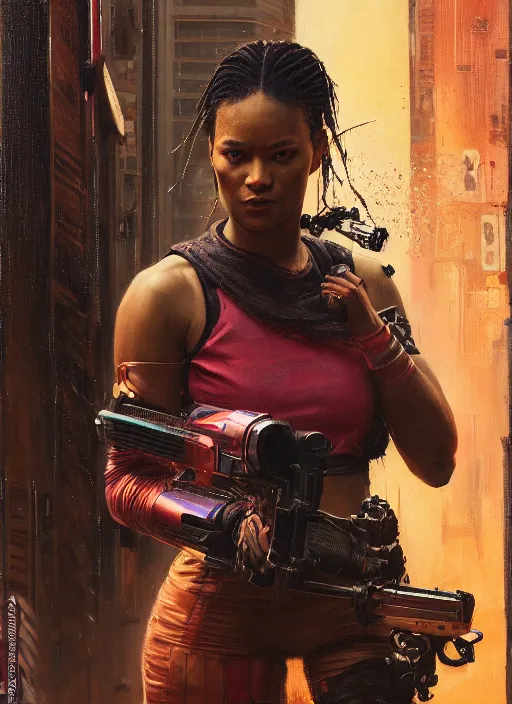 Prompt: Maria Igwe. female Cyberpunk samurai assaulting drug den (blade runner 2049, cyberpunk 2077). Orientalist portrait by john william waterhouse and James Gurney and Theodore Ralli and Nasreddine Dinet, oil on canvas. Cinematic, hyper realism, realistic proportions, dramatic lighting, high detail 4k