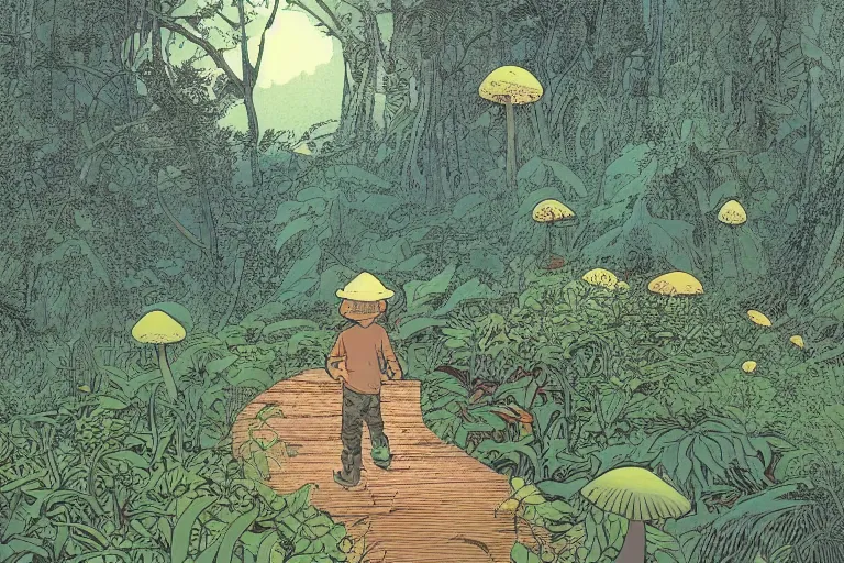 Prompt: down view of a young boy with a hat on a large open path entering a vast fantasy forest with a distant clearing, giant mushrooms, exotic vegetation, large rocks with thick moss, huge wooden bridge, large white paradise birds and fireflies flying around, very graphic illustration by moebius and victo ngai, color comics style, dynamic lighting, morning