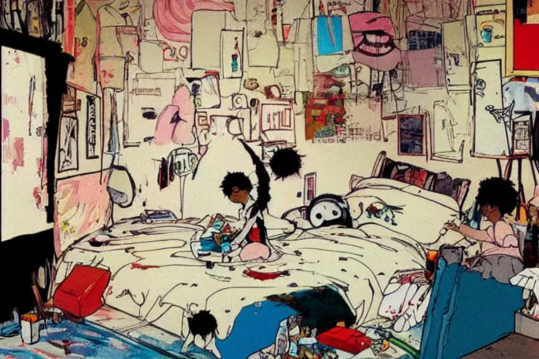 Prompt: messy bedroom, style of studio ghibli + moebius + basquiat, cute,