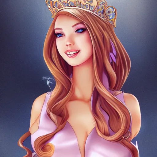 Image similar to very very very beautiful princess in a skintight satin prom dress smiling flirty eye contact, drawn by artgerm