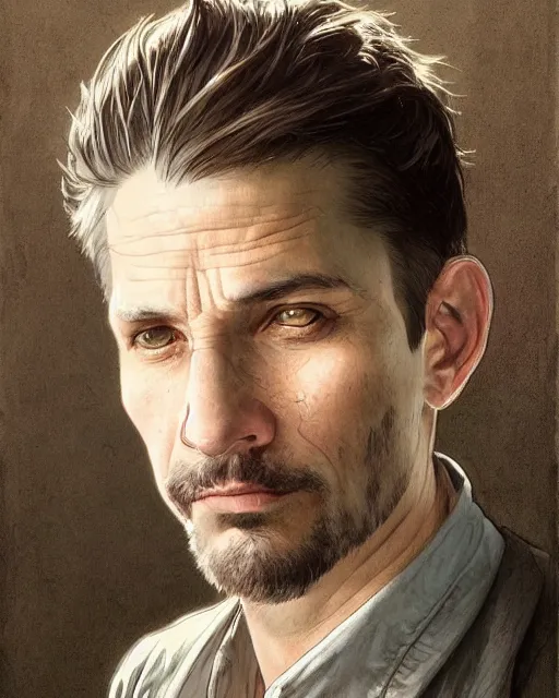 Image similar to portrait of 4 0 - year - old man, with a pale face with premature lines, and light brown hair going grey, wearing in shirt, hyper realistic face, beautiful eyes, fantasy art, in the style of greg rutkowski, intricate, alphonse mucha, hyper detailed, smooth