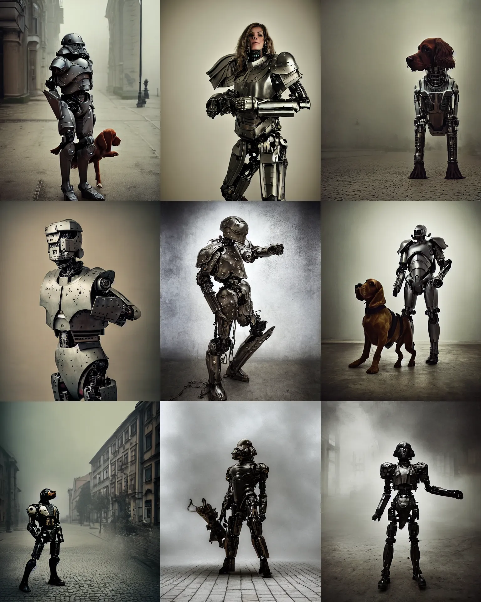 Prompt: epic pose!!! armored cyborg battle superhero cocker spaniel, in legnica, full body, cinematic focus, polaroid photo, vintage, neutral dull colors, soft lights, foggy mist, by oleg oprisco, by thomas peschak, by discovery channel, by victor enrich, by gregory crewdson