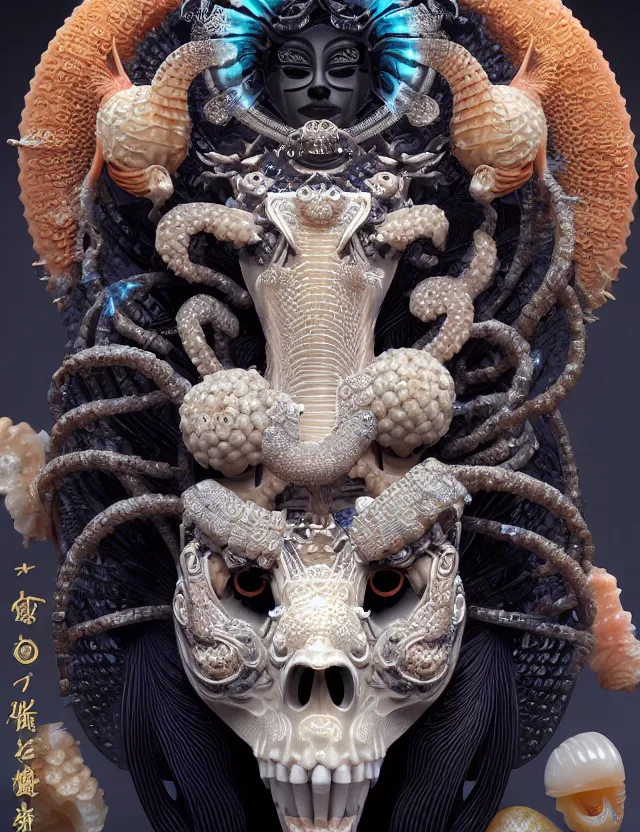 Image similar to 3 d goddess close - up 3 / 4 portrait with ram skull. beautiful intricately detailed japanese crow kitsune mask and clasical japanese kimono. betta fish, jellyfish phoenix, bio luminescent, plasma, ice, water, wind, creature, artwork by tooth wu and wlop and beeple and greg rutkowski