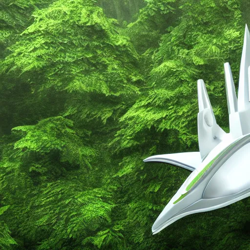 Prompt: futuristic white spaceship in a dense alien rainforest, HD, high def