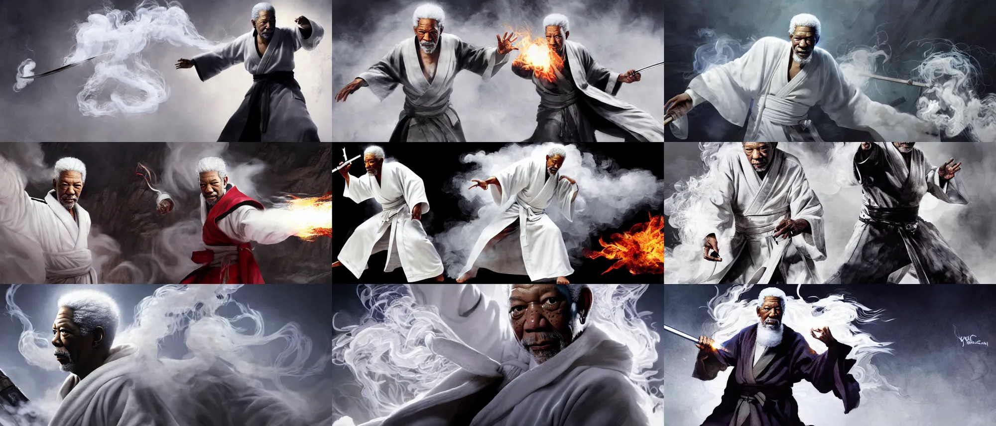 Image similar to Epic Concept art of grandmaster morgan freeman in a one-piece white robe, white hair and white beard, surrounded by white smoke, smoky, full body wuxia, Wudang Swordmanship by Chen Uen, art by Yoji Shinkawa, 4k