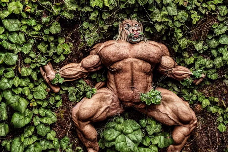 Image similar to highly detailed photo of a muscular troll covered in plants ivy mud earth tree roots electronic wires